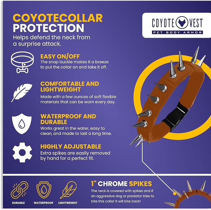 CoyoteCollar Spike Dog Collar, Adj/Replaceable Spikes, Medium, Brown