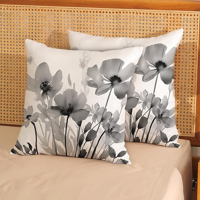 Spring Floral Pillow Covers 18x18 Inches Set of 2,Gray Floral Throw Pillow Covers Outdoor Summer Flower Decoration Pillowcase Farmhouse Decorative Square Linen Cushion Cover For Home Couch Sofa