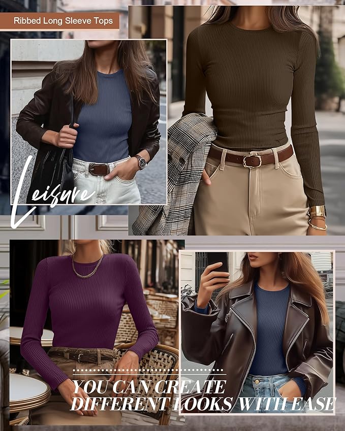 Ficerd 3 Pack Women's Ribbed Long Sleeve Tops, Crew Neck Slim Fit Undershirts Knit Basic Casual Stretch Layering Tee Shirts