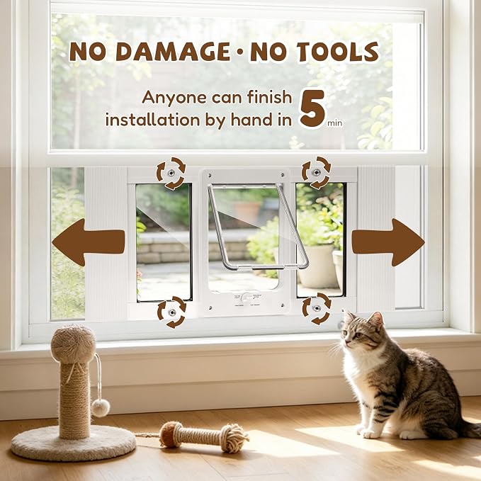 Full-Size Cat Door for Window, H: 15.3", Fit 24"-28" Window | Weatherproof Aluminum Frame & HD Glass, Quick 1-Minute Installation, Magnetic Closing Window Cat Door Insert