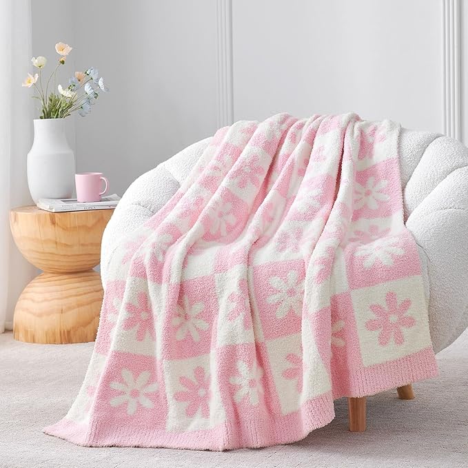 Snuggle Sac Checkered Blanket, Pink Flower Throw Blanket for Couch Plaid Microfiber Fluffy Warm Cozy Fuzzy Soft Throw Blanket Reversible Checkered Blankets for Sofa, Chair, Bed, 60x80 inches