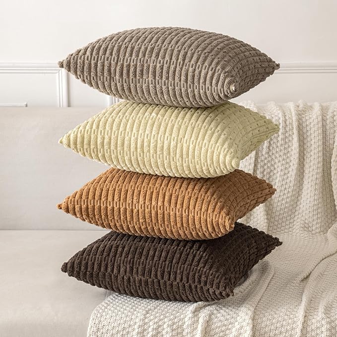 MIULEE Euro Sham Corduroy Decorative Throw Pillow Covers 24x24 Brown | Pack of 2 Soft Boho Striped Pillow Covers Modern Farmhouse Fall Home Decor For Sofa Living Room Couch Bed
