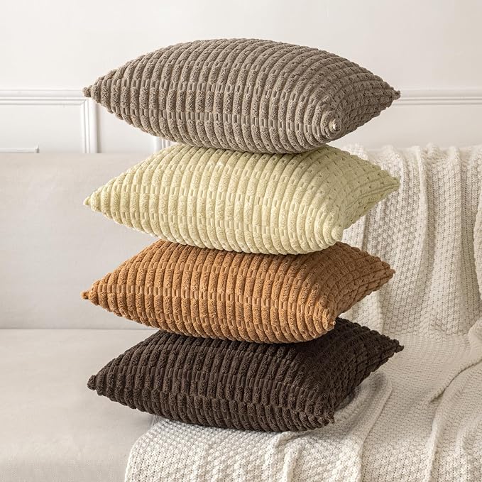 MIULEE Corduroy Decorative Throw Pillow Covers 16x16 Brown Pack of 2 | Soft Boho Striped Pillow Covers Modern Farmhouse Fall Home Decor For Sofa Living Room Couch Bed