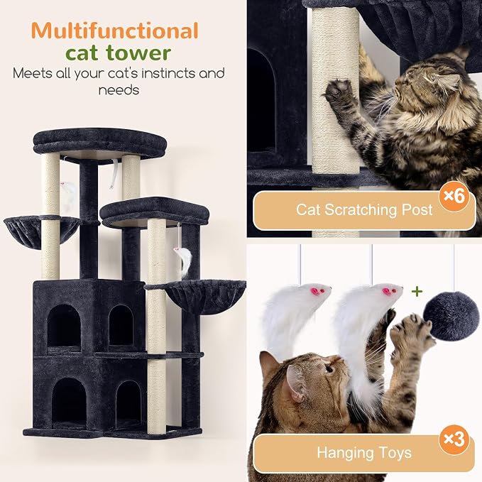 Globlazer Cat Tree Tower for Indoor Cats, Sturdy Adult Cat Tree House for Large Adult Cats with 2 Platform, 6 Cat Scratching Post, 2 Cat Caves, Dangling Toys, S63, 63 inch, Dark Grey