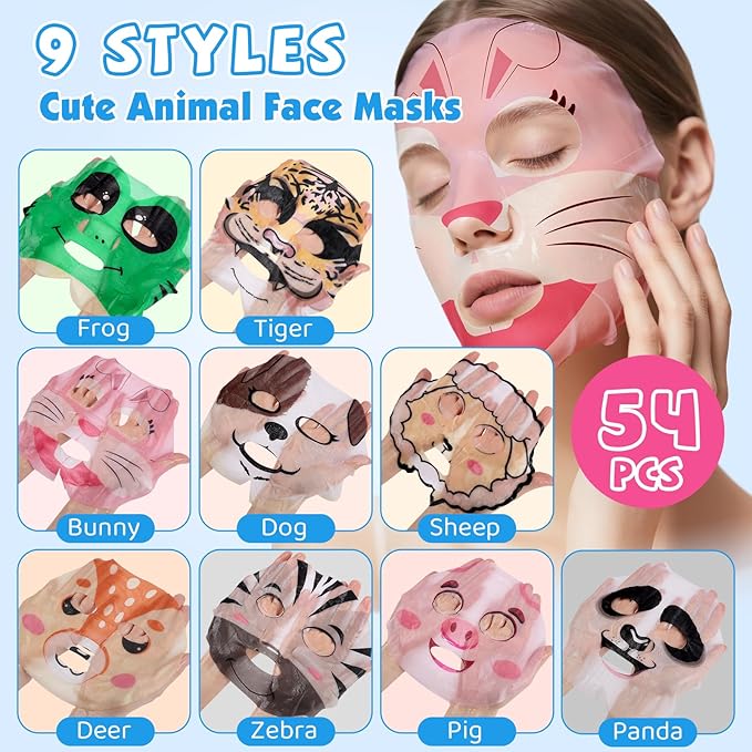 54 Pack Animal Kids Face Mask Spa, Bulk Collagen Hydrating Sheet Face Masks Skincare for Girls Teens, Easter Basket Stuffers, Birthday Gifts, Mothers Day Gifts for Mom
