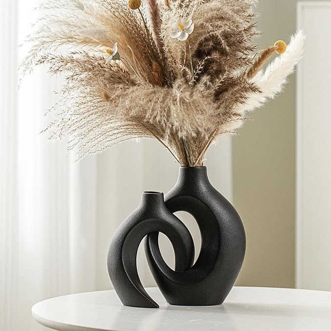 Lvases Snuggle Hollow Modern Ceramic Vase Set of 2 Nordic Pampas Grass Vase | Boho Aesthetic Decorative Vase for Home Decor coffee Table Centerpiece Living Room Book Shelf ( Matte Black W 6.3" X H 8.4" )