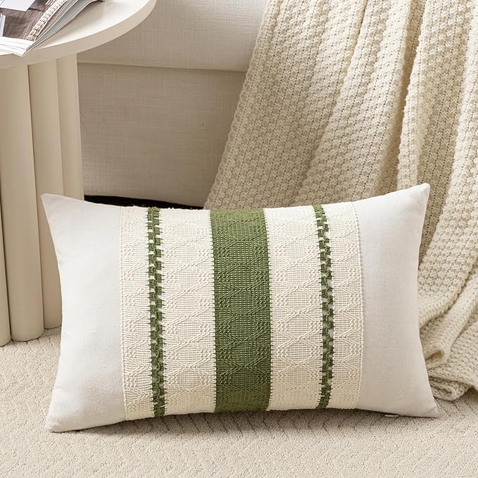 Fancy Homi Set of 1 Boho Moss Green Long Lumbar Decorative Throw Pillow Cover 14x24 Inch for Couch Bed Sofa Chair, Modern Organic Farmhouse Home Decor, Soft Cotton Cute Accent Rectangle Cushion Case