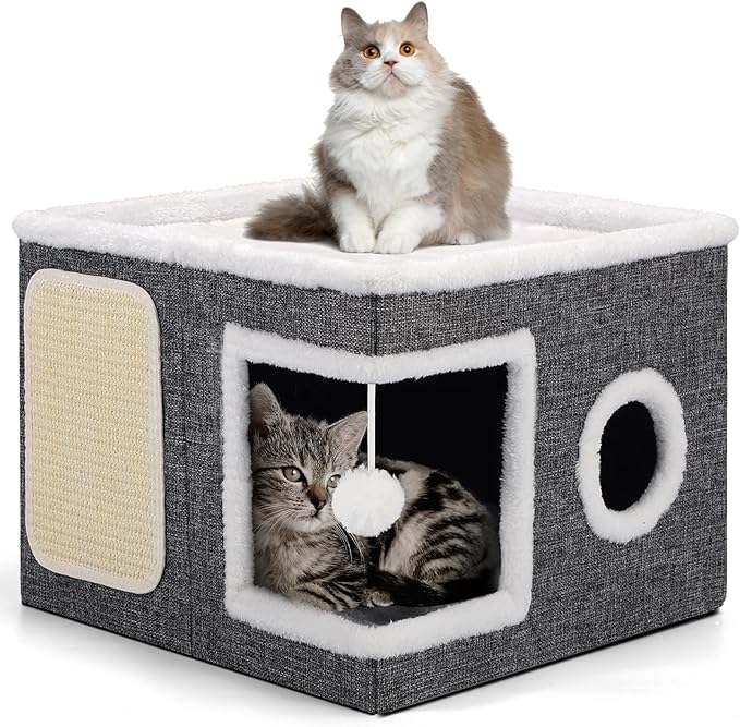 Shikha Cat House Bed for Indoor Cats with Fluffy Ball and Scratch Pad Grey | Foldable Large Cat Cave Hideaway with Cozy Condo, Hide and Seek Window, Holds Up to 30LBS, All Season Reversible Cushion