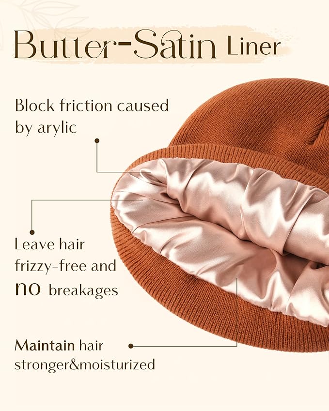 YANIBEST Satin Lined Beanie for Women Reduce Frizz Winter Hats for Women Men Silk Lining Soft Slouchy Warm Cuffed Less Static
