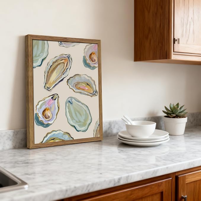 Framed Oyster Shell Canvas Wall Art, Colorful Abstract Wall Art Print, Coastal Beach House Wall Decor, Summer Dining Room Picture Poster, Modern Kitchen Oyster Oil Painting Artwork 8x10 inch