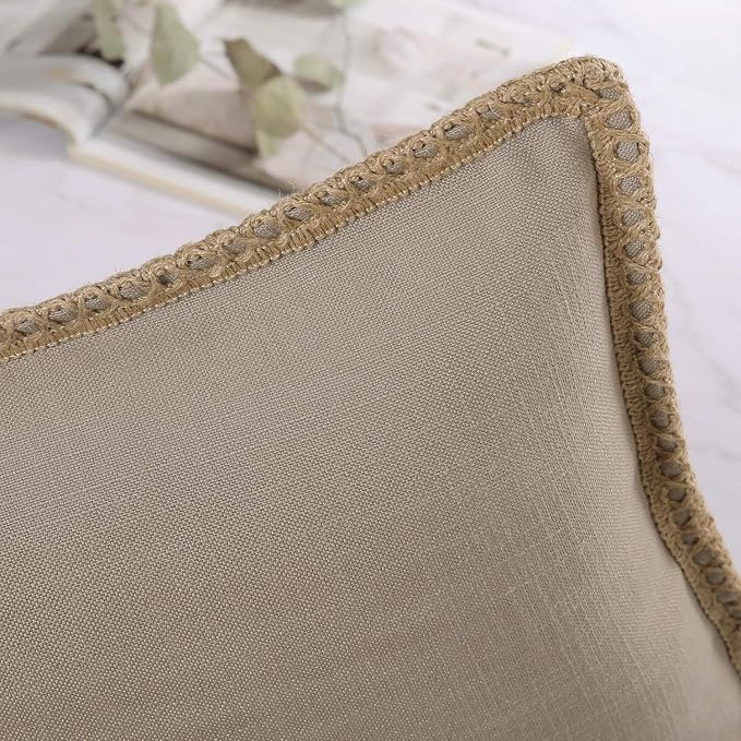 Phantoscope Pack of 2 Farmhouse Decorative Solid Throw Decorative Pillow Cover Burlap Linen Trimmed Tailored Edges Beige 26 x 26 inches, 65 x 65 cm