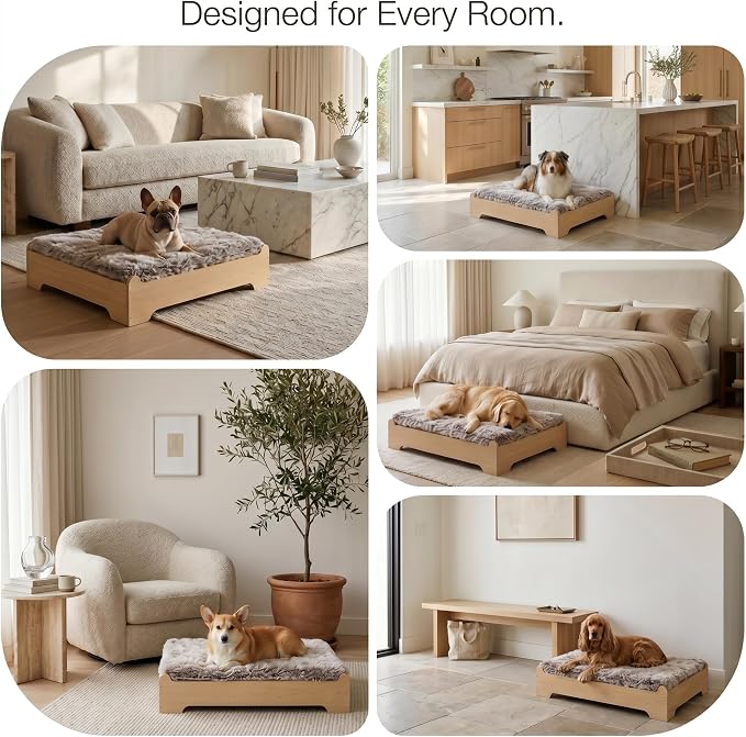 Elevated Wood Dog Bed Frame with Foam Mattress, WoodPattern, M | Raised Dog Bed with Washable Cover, Furniture-Style Design for Indoor Living