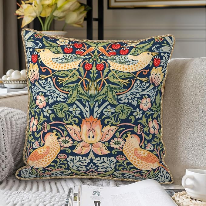 KSLIDS Navy Blue Sage Green Soft Velvet Throw Pillow Covers Set of 2 Red Strawberry Floral Bird Decorative Pillow Covers 20x20 Inch Vintage Chinoiserie Pillow Case for Sofa Couch Farmhouse Home Decor
