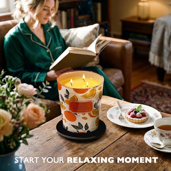 HomeLights Citrus Wood Sage Scented Candles | 34oz Soy Candles Eclectic Mixed Styles 3-Wick Large Candle Jars | Ideal Candle Gifts for Events, Home Decor Stress, Relief & Relaxation
