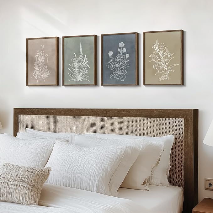Framed Boho Neutral Botanical Wall Art for Living Room, 4 Piece 12x16 In | Rustic retro artwork, Floral pictures, Canvas prints, Vintage flower paintings, Modern farmhouse wall decor, Bedroom decor