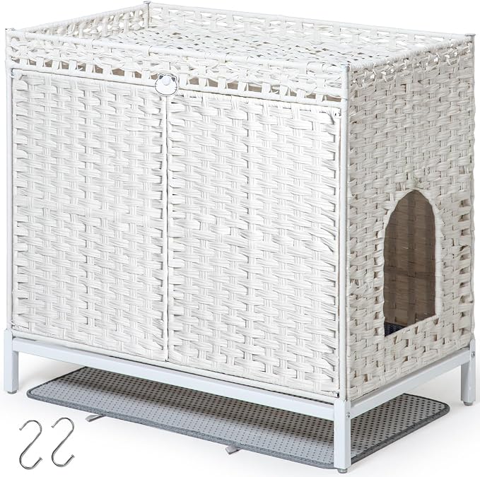 SETVSON Cat Litter Box Enclosure Furniture, Hidden PE Rattan House, White | Handwoven PE Rattan with Dual-Layer Mat, Heightened Metal Feet, 2 S-Hooks, 30.3x18.3x28 Inches Spacious Privacy & Dog Proof