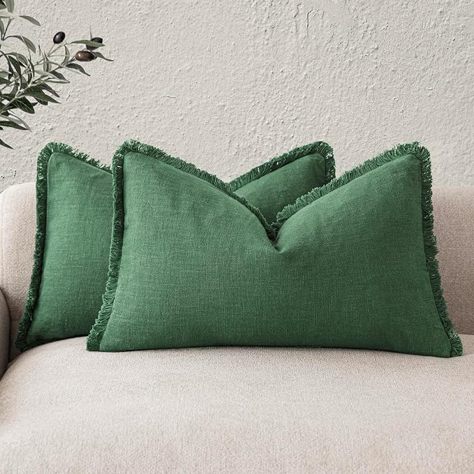 Foindtower Set of 2 Decorative Linen Fringe Lumbar Throw Pillow Covers Boho Farmhouse Cushion Cover with Tassels Soft Accent Pillowcase for Couch Sofa Bed Living Room Home Decor,12×20 Inch,Pine Green