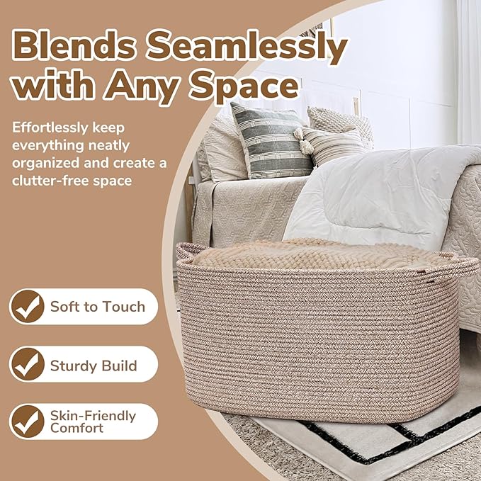 Goodpick Large Woven Rope Blanket Basket, Rectangle, Brown, 75L | 21.6'' x 14.9'' x 11.8'' Storage Basket for Blankets, Toys & Clothes, Living Room & Nursery Organization, Reinforced Handles
