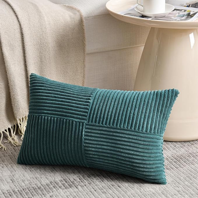 Fancy Homi Teal Lumbar Decorative Throw Pillow Covers 22x14 Inch for Living Room Couch Bed Sofa, Rustic Farmhouse Boho Home Decor, Soft Striped Corduroy Rectangle Accent Cushion Case 35x55 cm