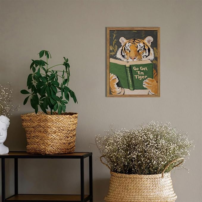 Framed Tiger Canvas Wall Art, Motivational Tigers Reading Poster Print, Humorous Bookworm Pictures Wall Decor, Vintage Go Get Em Tiger Painting for Office Library Bedroom Decor 16x24 inch