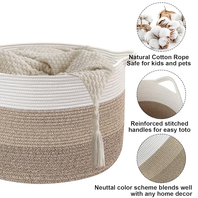 65L Large Blanket Basket,Woven Rope Laundry Basket-Mix Brown | Collapsible Nursery Storage Bin with Sturdy Handles, Organizes Clothes, Toys and Pillows for Living Room, Bedroom, Bathroom