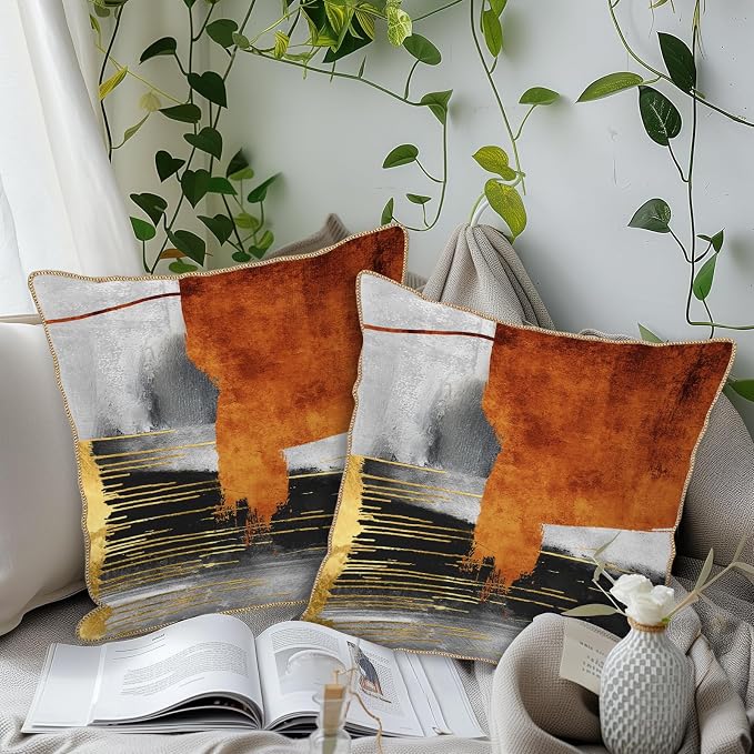 Burnt Orange Gold Grey Soft Velvet Throw Pillow Covers Set of 2 Taupe Gray Abstract Art Painting Decorative Pillow Covers 16x16 Inch Modern Retro Pillow Case For Sofa Couch Living Room Home Decor