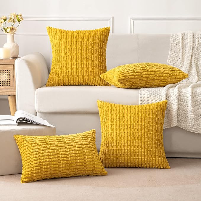 MIULEE Euro Decorative Throw Pillow Covers 26x26 Mustard Yellow Pack of 2 | Sham Soft Corduroy Boho Striped Pillow Covers Modern Farmhouse Home Decor For Sofa Living Room Couch Bed