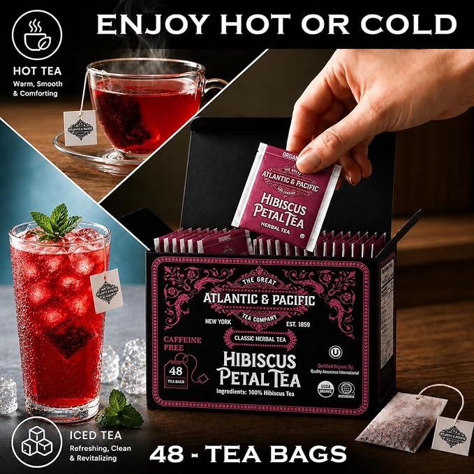 A&P Coffee Organic Hibiscus Tea Bags, 48 Count, Hibiscus Petal Herbal Tea, Naturally Caffeine Free, Rich in Vitamin C, Tart Cranberry Flavor, Hot or Iced Tea, Premium Herbal Infusion, Fresh Aroma