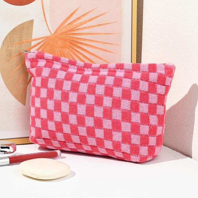 SOIDRAM 2 Pieces Makeup Bag Large Checkered Cosmetic Bag Capacity Canvas Travel Toiletry Bag Organizer Cute Makeup Brushes Aesthetic Accessories Storage Bag for Women, Rose Red checkered