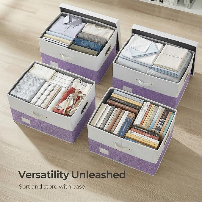 Storage Bins with Lids [3-Pack] Linen Fabric Foldable Storage Boxes Organizer Containers Baskets Cube with Cover for Bedroom Closet Office White&Purple (23.4X15.9X11.4)