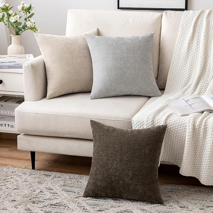 MIULEE Pack of 2 Beige Decorative Pillow Covers 18x18 Inch | Soft Chenille Couch Throw Pillows Farmhouse Cushion Covers for Home Decor Sofa Bedroom Living Room