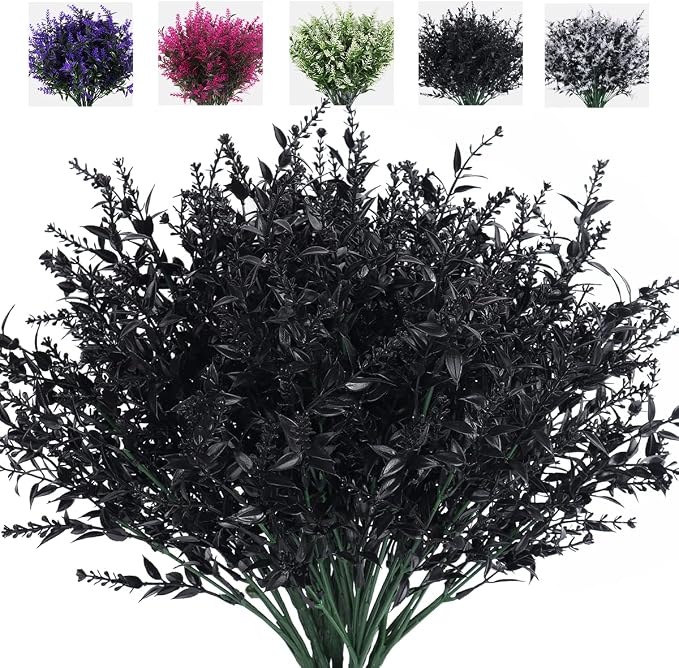RECUTMS Black Artificial Flowers Outdoor Fake Plants Artificial Faux Flower | 8Pcs, Black Halloween Decor,Fake Outdoor UV Resistant Shrubs No Fade Faux Plastic Plants Garden Porch Window Box Decorating