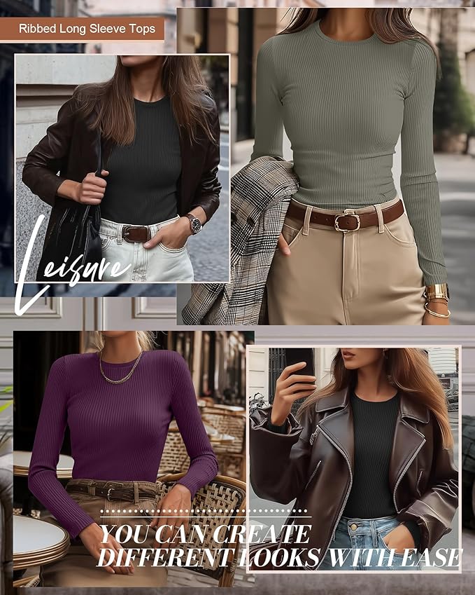 Ficerd 3 Pack Women's Ribbed Long Sleeve Tops, Crew Neck Slim Fit Undershirts Knit Basic Casual Stretch Layering Tee Shirts