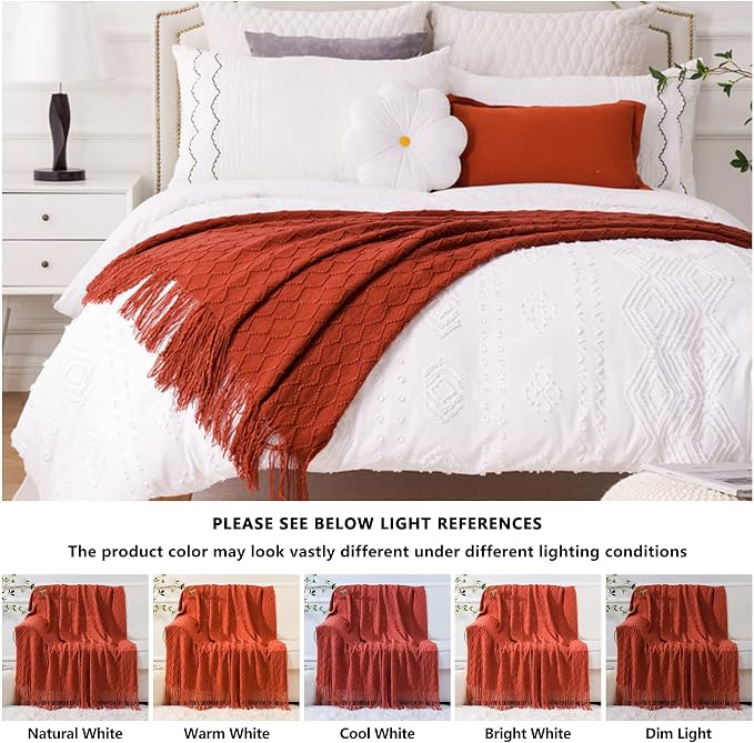 BATTILO HOME Rust Throw Blanket for Couch, 50" x 60", Acrylic Knit Woven Summer Blanket, Lightweight Decorative Soft Nap Throw with Tassel for Chair Bed Sofa Travel Picnic, Suitable for All Seasons