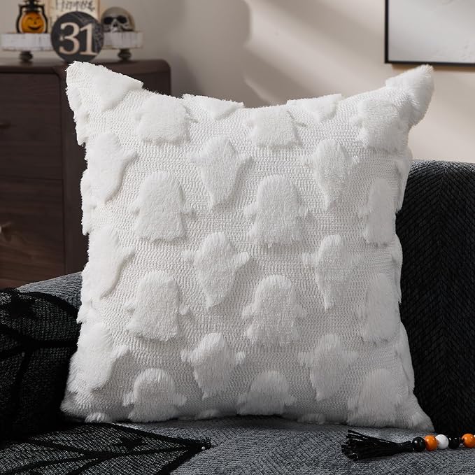 DFXSZ Halloween Pillow Covers 20x20 inch 2Pcs White Ghost Halloween Decor | Halloween Decorations Set of 2 Throw Pillow Cases Plush Faux Fur Wool Cushion for Chair Sofa Bedroom Living Room Home Decor