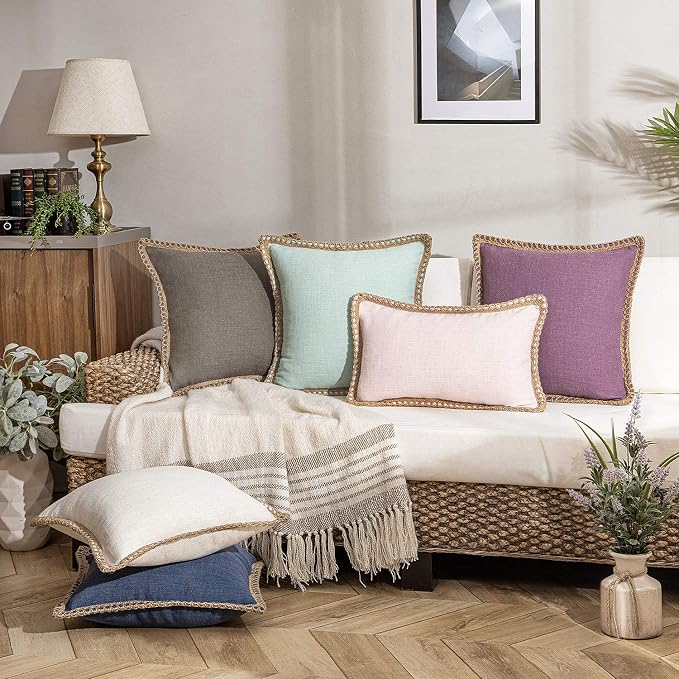 Phantoscope Pack of 2 Farmhouse Decorative Throw Pillow Covers Burlap Linen Trimmed Tailored Edges Light Turquoise 20 x 20 inches, 50 x 50 cm