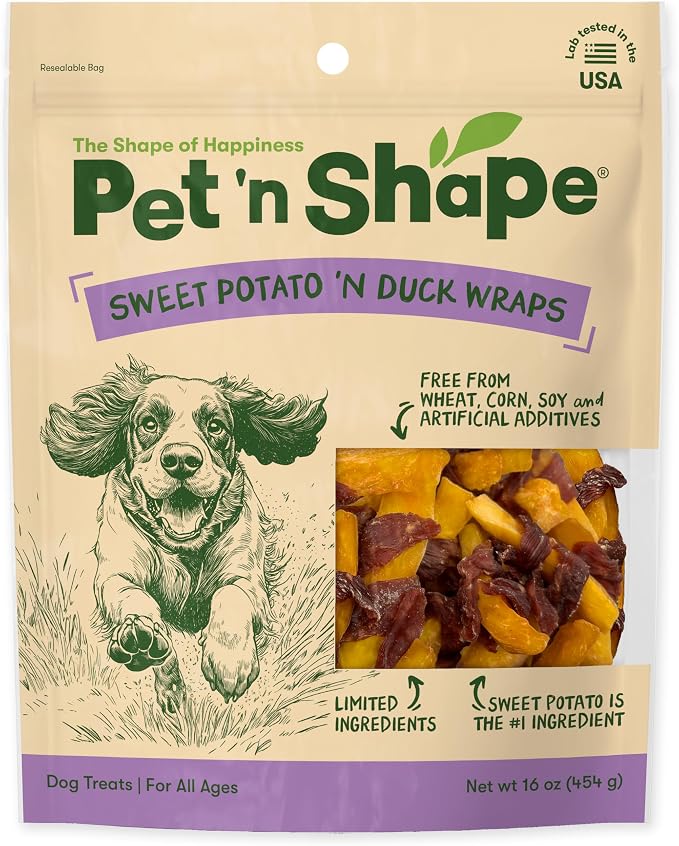 Pet 'n Shape Sweet Potato Chews Jerky Dog Treats - 16 Ounce | Premium duck breast, Sweet potato recipe, Limited ingredients, Wheat and soy free, Bite-sized snack, For all life stages