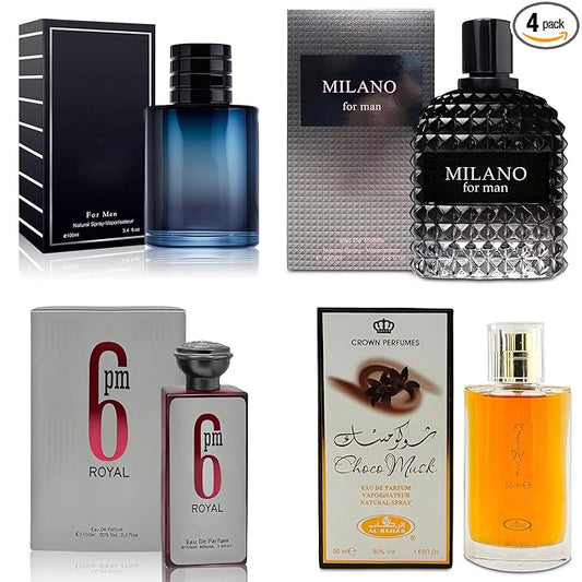 AFLUXE 4-Piece Cologne for Men Includes Choco Musk/SE/6PM Royal/Milano Scent of Woody, Spicy, Citrus & Aromatic eau de parfum Men Gift Set Each 100Ml for Daily Use