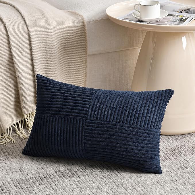 Fancy Homi Navy Blue Lumbar Decorative Throw Pillow Covers 22x14 Inch for Living Room Couch, Rustic Farmhouse Boho Home Decor, Soft Striped Corduroy Rectangle Accent Cushion Case 35x55 cm