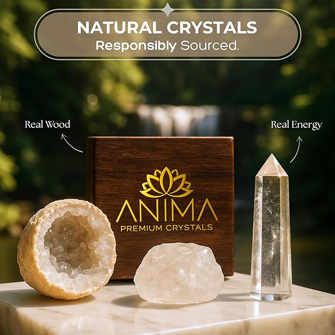 Anima Premium Clear Quartz Crystal Set for Clarity, Focus & Energy Amplification – Authentic Clear Quartz Tower, Cluster & Raw Crystal Presented in Elegant Wooden Gift Box – Responsibly Sourced