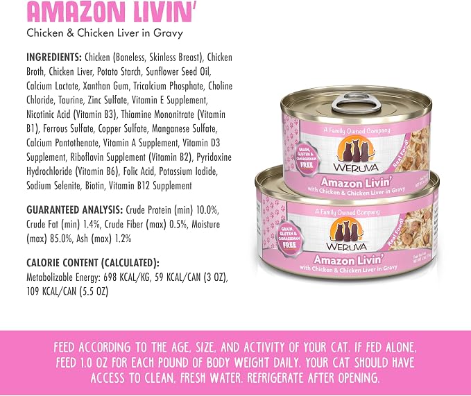 Weruva Classic Cat Food, Amazon Livin' with Chicken Breast & Chicken Liver in Gravy, 3oz Can (Pack of 24)