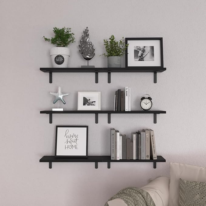Wood Floating Shelves Set of 6, Shelves for Wall Decor, Farmhouse Shelf for Bedroom, Bathroom Storage Shelves, Book Shelves for Living Room-Black