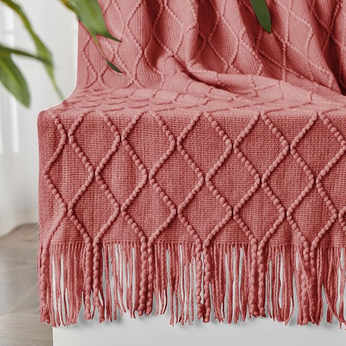 inhand Coral Pink Knitted Throw Blanket for Couch and Bed, 60"x80" | Gifts for Mom from Daughter Son, Soft Lightweight with Tassel, Farmhouse Warm Decorative Blanket for Women, Cozy Knit