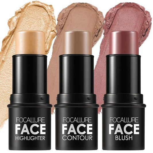 FOCALLURE 3PCS Cream Contour Stick - Highlighter Bronzer Blush Set for Face Sculpting, Non-Greasy Longwear Makeup, Easy to Blend with Natural Matte Finish,SET 5