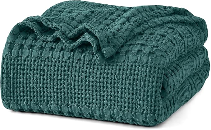 PHF 100% Cotton Waffle Weave Blanket Queen Size, Lightweight Breathable Summer Blanket for Hot Sleepers, Pre-Washed Soft Layer for Bed, Couch, Aesthetic Home Decor & Gift, 90"x90", Teal