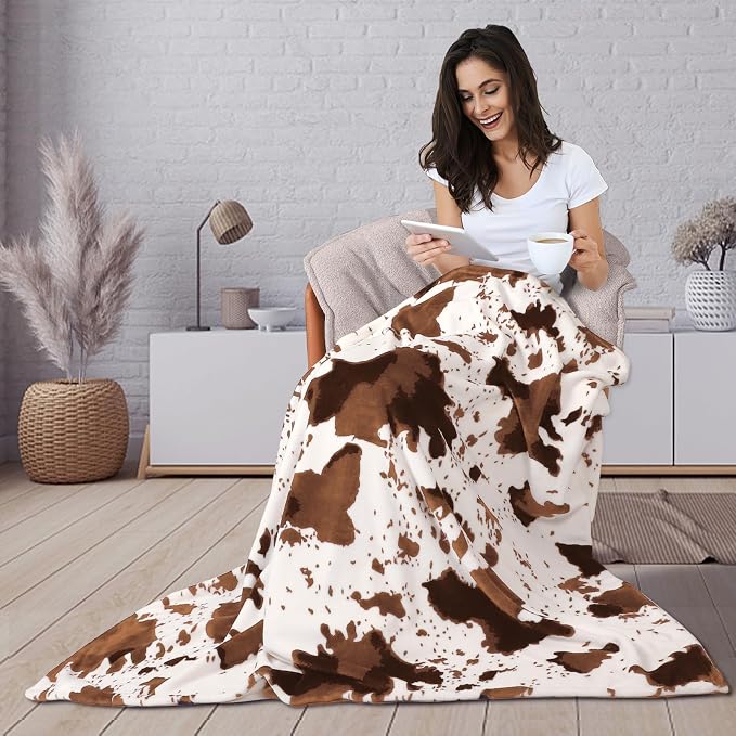 Edenleaf Cow Print Blanket, Ultra Cozy Cow Throw Blanket for Couch Bed and Travel, Cow Print Decor Throw Blankets for All Seasons 50"x60" (Light Brown)
