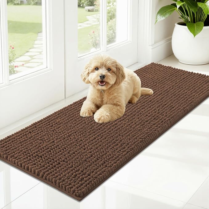 OLANLY Dog Door Mat for Muddy Paws 47x17, Extra Absorbent Chenille Mud Mat | Mocha, Absorbs Moisture and Dirt, Non-Slip Machine Washable Doormat, Quick-Drying Indoor Entryway Floor Mat for Dogs