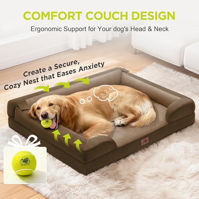 Waterproof Orthopedic Dog Bed for Medium Large Sized Dogs | Memory Foam Pet Bed Sofa with Bolster, Dog Couch with Washable Cover & Non-Slip Bottom, 36x27 Inch, Dark Brown