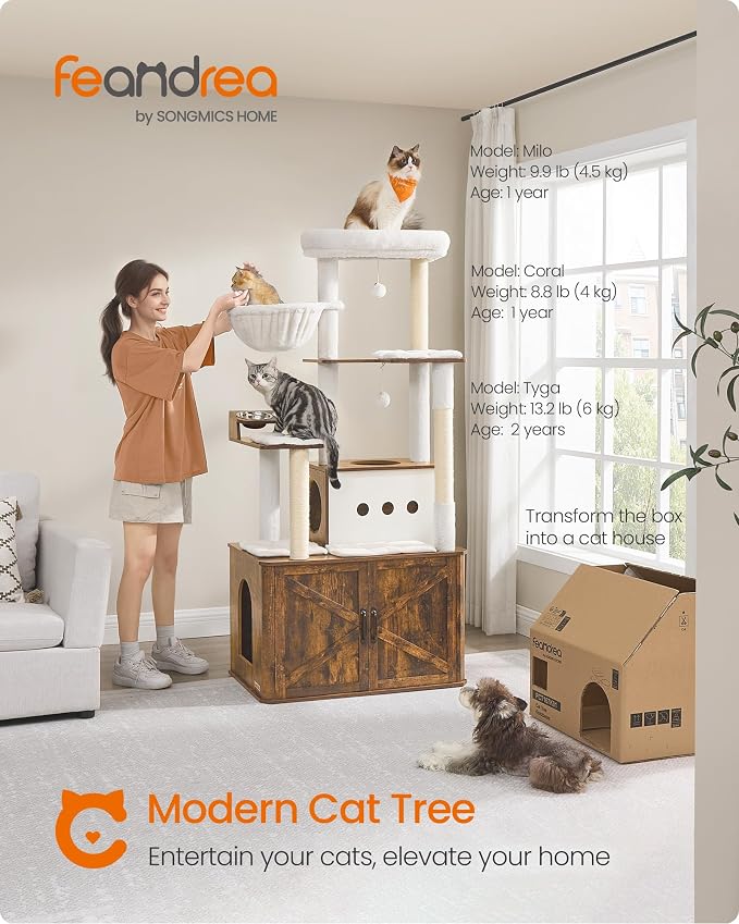 Feandrea Cat Tree, 66.9-Inch Cat Tower with Litter Box Enclosure, Large Condo with Food Station, Storage, Scratching Posts, Cave, Hammock, Washable Cushions, Rustic Brown UPCT169K01 | Large Condo with Food Station, Storage, Scratching Posts, Cave, Hamm...