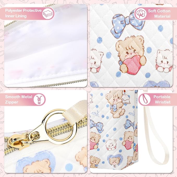 Period Bag for Teen Girls, Quilted Sanitary Napkin Storage Bag, Cute Bears Menstrual Pad Pouch Tampon Holder (Large-Blue)